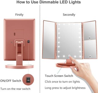 Дзеркало для макіяжу з підсвічуванням, Складне дзеркало для макіяжу зі збільшенням 3X/2X/, 21 природне світлодіодне підсвічування, працює від акумулятора Замовити Дзеркало для макіяжу з підсвічуванням та USB-зарядкою (рожеве золото)
