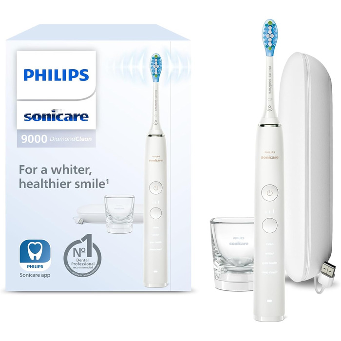 Електрична зубна щітка Philips Sonicare DiamondClean 9000, звукова зубна щітка з додатком, датчик тиску, 4 режими чищення, 3 рівні інтенсивності, зарядне скло та дорожній футляр USB, білий, модель HX9911/27