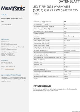 Світлодіодна стрічка Mextronic тепла біла (3000K) - CRI 92, 72W, 5 метрів, 24V, IP20