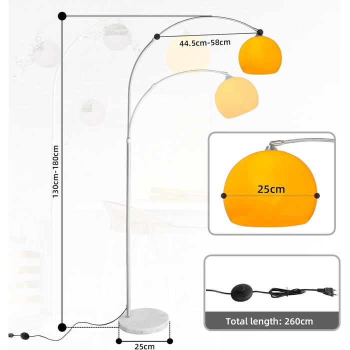 Дугова лампа Регульована по висоті мармурова основа Білий помаранчевий торшер Торшер Торшер Торшер Дугова лампа Арка Торшер, колір помаранчевий, регульована по висоті 130-180 см Дугова лампа, помаранчевий, висота 130-180см, 27