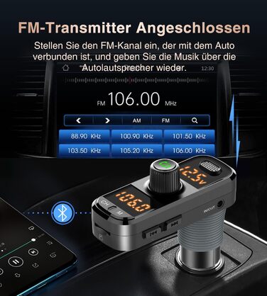 Автомобільний адаптер Bluetooth GizmoVine, FM-передавач автомобіля з двома портами USB, швидка зарядка QC 3.0 Type-C PD, підтримка гучного зв'язку з мобільним телефоном, музичний MP3-плеєр, SD-карта, 7 режимів RGB-підсвічування (BC70 36 Вт AUX чорний)