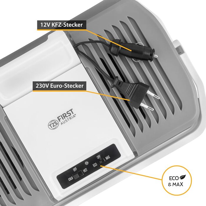 Електричний охолоджувач TZS First Austria 24 літри Підключення 12 вольт і 230 вольт з вилкою 12 В для автомобіля для кемпінгу, фестивалів і подорожей з функцією охолодження та збереження тепла сірий 24 л Сірий