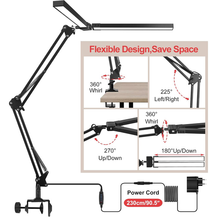 Настільна лампа, світлодіодна настільна лампа, офісна лампа з регулюванням яскравості 24 Вт з 160 світлодіодами, лампа на робочому місці з затискачем, 10 рівнів яскравості, світлодіодна настільна лампа для сучасного читання
