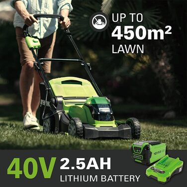 Акумуляторна газонокосарка Greenworks G40LM41K25 для площі до 300 м, ширина зрізу 41 см, 50-літровий мішок ПЛЮС акумулятор 40 В 2,5 Ач та зарядний пристрій, 3-річна гарантія вкл. акумулятор 2,5 Ач зарядний пристрій