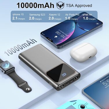 PowerBank Rolosar, швидка зарядка 10000mAh, з входом і виходом USB-C, світлодіодний дисплей, глянцевий чорний