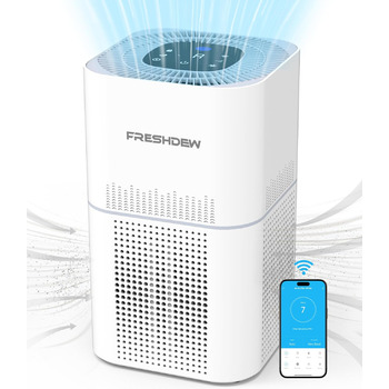 Очищувач повітря FRESHDEW Wi-Fi, CADR 300 м/год для квартири для курців 100, 4-ступеневий повітряний фільтр може видалити запахи пилу, цвіль, цифрова якість повітря, розумний очищувач повітря HEPA 24 дБ, білий