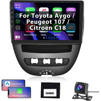 Автомагнітола Android для Toyota Aygo/Peugeot 107/Citroen C1 2004-2014 Carplay Android Auto 10.1-дюймовий сенсорний екран Радіо GPS навігація, Bluetooth, WiFi, HiFi, FM RDS радіо, Canbus, Камера заднього виду 1G32G