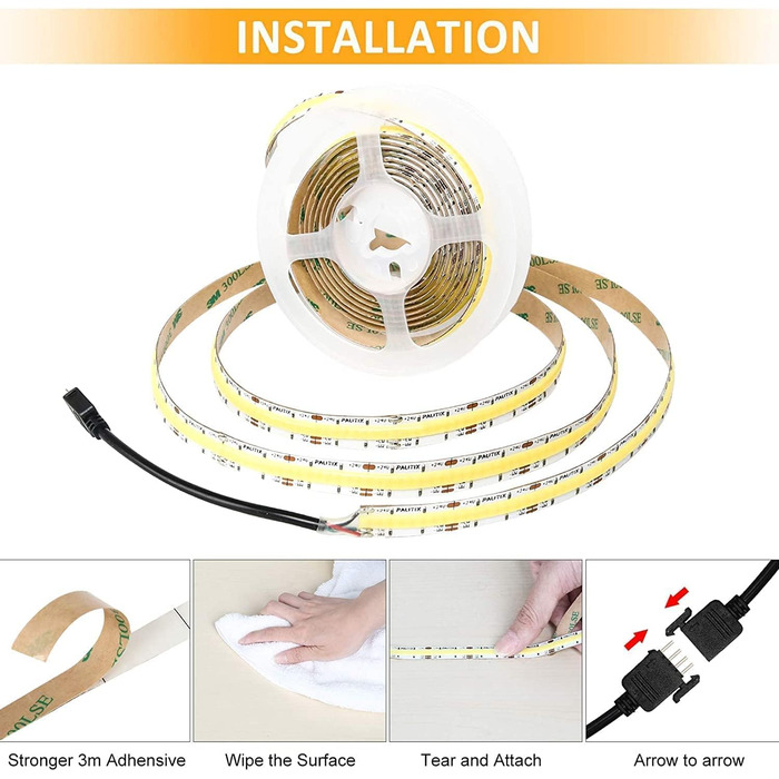 Світлодіодна стрічка PAUTIX COB CCT Теплий білий Холодний білий, 5M 3200 світлодіодів з можливістю затемнення 2700K-6500K 24V Набір світлодіодних стрічок з джерелом живлення та радіочастотним пультом дистанційного керування для спальні Кухня Телевізор Дзе