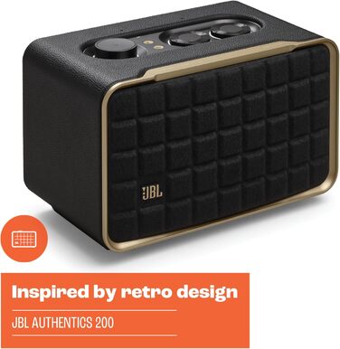 Розумна домашня колонка JBL Authentics 200 - Bluetooth-колонка з ретро-дизайном 70-х років - з Quadrex Grill, Google Assistant, Alexa, AirPlay та додатком JBL One - чорний