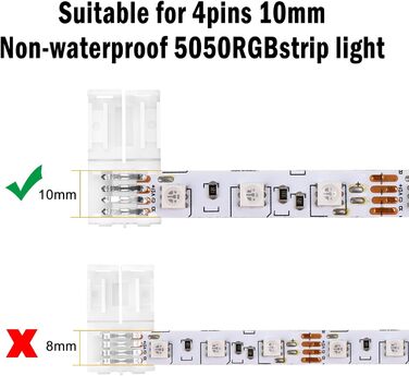 Контактний роз'єм для світлодіодної стрічки, роз'єм RGB 8 мм світлодіодна стрічка Швидкий роз'єм, для світлодіодної стрічки SMD 3528 RGB шириною 8 мм (10 мм 4-контактний), 20 шт., 4-