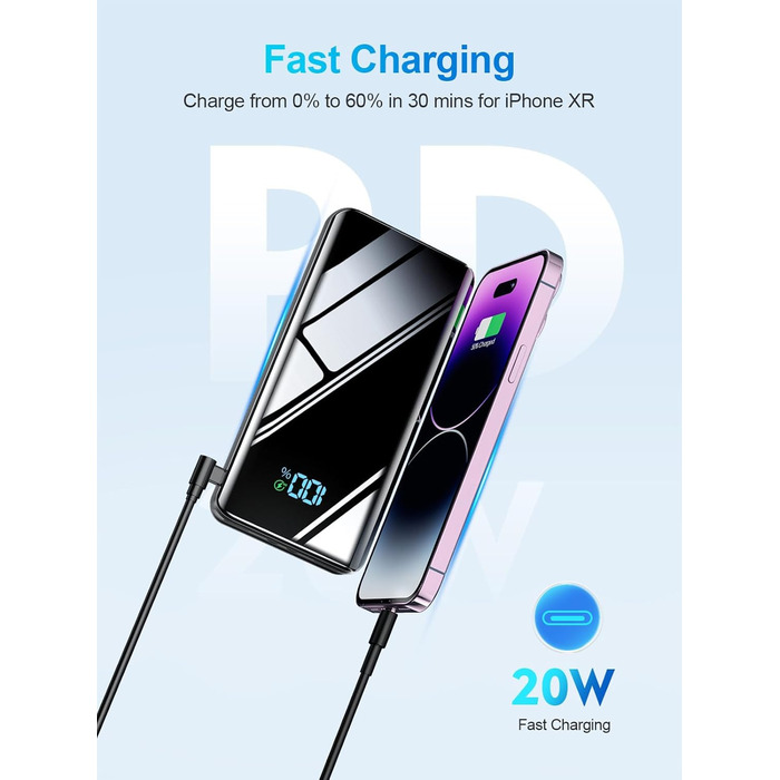 Зовнішні батареї для мобільних телефонів USB C 20W SCP 22.5W Fast Charging Function, Slim Design Strong Power Bank з ліхтариком і світлодіодним дисплеєм для смартфонів, планшетів, кемпінгу на природі, 20000mAh