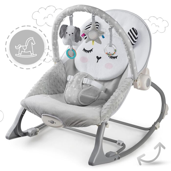 Дитяча гойдалка Nukido Baby Bouncer з музикою - Металевий каркас і міцний пластик - Замок гойдалки - Вібраційна система - Додаткова іграшка Montesorri - 48 x 62 см - Сірий