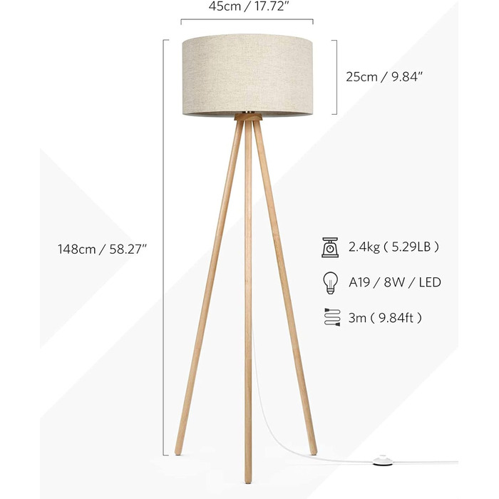 Торшер Tomons вітальня, світлодіодний торшер дерево, лампа для читання абажур торшер вінтаж для спальні та інших кімнат, торшер в скандинавському стилі, висота 148 см (льон)