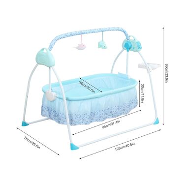 Дитяче ліжко Geweered Baby Swing Електронна розбірна дитяча гойдалка, з полицею для іграшок-головоломок, U-подібна подушка, зручна та надійна, вантажопідйомність 25 кг/55 фунтів для 0-18 місяців (синій)