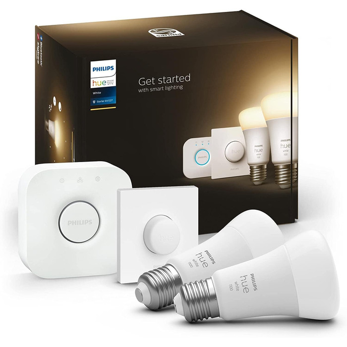 Стартовий набір Philips Hue White E27 із 2 частин, включаючи розумну кнопку та міст відтінку, 2x1055 лм і білий і полковник Lightstrip Plus 2 м база, 1600 лм, 16 мільйонів кольорів у комплекті зі світловою смугою