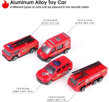 Ігровий набір Літак, Дитячий інерційний літак на колесах з транспортними засобами Навчальний іграшковий набір, 1 великий літак, 4 сплавні машинки для малюків старше 3 років (Пожежна машина червоного кольору)