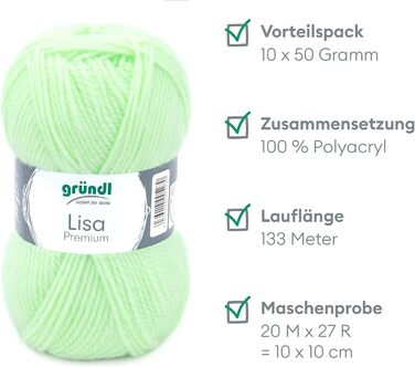 Пряжа Grndl Lisa Premium Uni Knitting & Chet Yarn (м'яка і схожа на шерсть, проста в догляді пряжа для в'язання з 100 поліакрилу, 50 г/ 133 м, розмір голки 3,5 - 4,5, 10 клубків по 50 г кожен), (світла неонова пряжа)