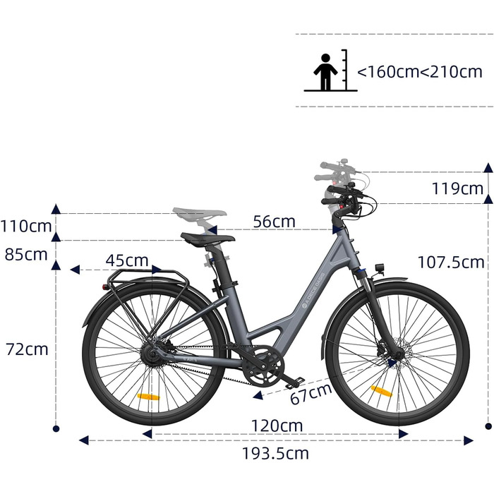 Електричний велосипед ADO E-Bike Air 28, педальний ремінний привід, 28 дюймів, датчик крутного моменту, 1 передача, задній двигун, акумулятор 345.00 Вт-год, ebike жіночий/чоловічий, багажник, лампа синього кольору