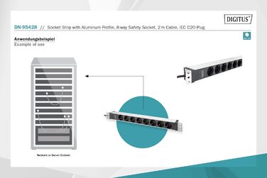 Подовжувач живлення DIGITUS 19 - - 1U - 250 В змінного струму - 50/60 Гц - 16 А - 4000 Вт (8 кранів, лінія живлення C20, версія DE)