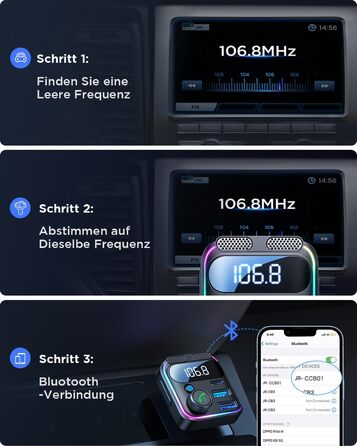 Вт Bluetooth-адаптер автомобіль,Бас і Hi-Fi стереоFM-передавач Автомобільний Bluetooth 5.3,30 Вт PD USB C і гучний зв'язокПередавач для автомобіля Bluetooth, подвійний мікрофон і світлодіодне світло, Bluetooth і U-диск чорний, 48