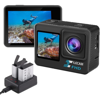 Водонепроникна камера Xilecam з подвійним екраном Action Cam 1080P /WiFi, 4-кратне збільшення, 131 фут (40 м), водонепроникна підводна камера з 2 батареями 1050 мАг і багатофункціональними аксесуарами (L300)