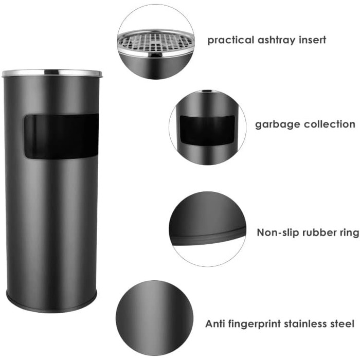 Урна для сміття з попільничкою для зовнішнього використання, попільничка на основі з нержавіючої сталі з відром для сміття, попільничка - 25 x 25 x 60 см (чорна - )