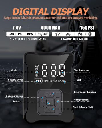 Електричний повітряний насос, велосипедний насос 150PSI Портативний міні-повітряний компресор 4000 мАг акумуляторний компресорний насос для автомобіля, мотоцикла, велосипеда, м'ячів і плаваючих кілець