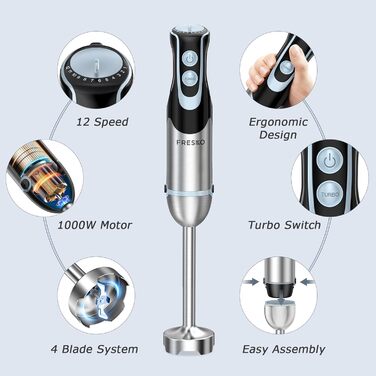 Ручний блендер FRESKO 4-в-1 з нержавіючої сталі, ручний блендер потужністю 1000 Вт з 12 швидкостями та режимами турбо, включаючи віночок, подрібнювач їжі 500 мл та мірний стаканчик 700 мл, для дитячого харчування, супу, смузі Ручний блендер віночок мірний