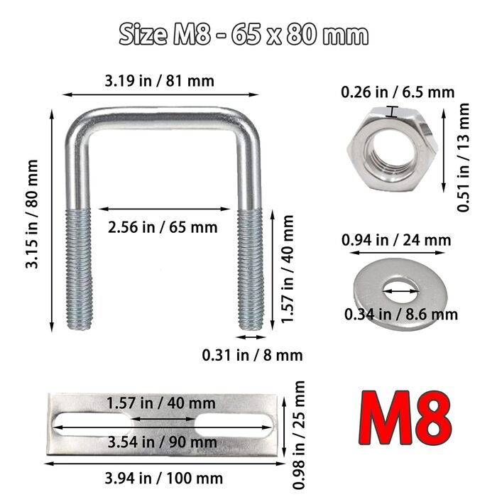Болти U болт M8 U кронштейн квадратний, M8 U болти з нержавіючої сталі з гайкою рамної пластини шайба, U залізний болт для кріплення труб буксирування автомобіля (65 мм x 80 мм)