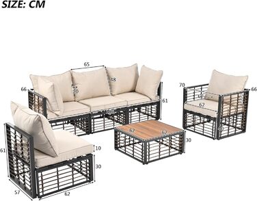 Набір садових меблів Merax з подушками Poly Rattan Lounge Balcony Set Група сидінь з 5 одномісними диванами (1 з підлокітниками, 2 кутових, 2 без підлокітників) і 1 журнальним столиком 196x66x70см Бежевийсірий