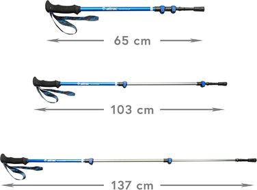 Трекінгові палиці ATTRAC Trilock, телескопічні, регульовані 65-137 см, алюмінієві суперлегкі, з додатком для тренувань і спорту, сріблясто-блакитні