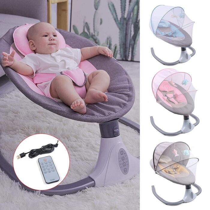 Дитяче крісло-гойдалка Baby Bouncer для 0-12місяців 3-12 кг, вбудований MP3-плеєр на 12 музичних інструментів, електричні дитячі гойдалки з музикою, складні, знімні та миються (рожеві)