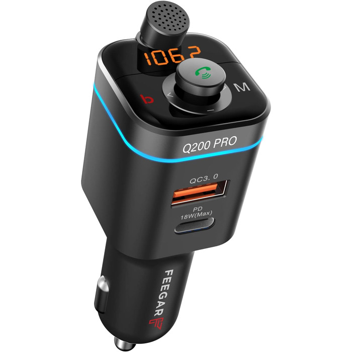 Комплект FM-передавача Feegar Q200 Bluetooth 5.0 QC4 PD SD MP3 USB-C 12-24V Зарядний пристрій 42 Вт (макс.) 87,5-108,0 МГц FM Роз'єм типу C PD 20 Вт регульований мікрофон HD Bass Boost Ефект об'ємного звучання