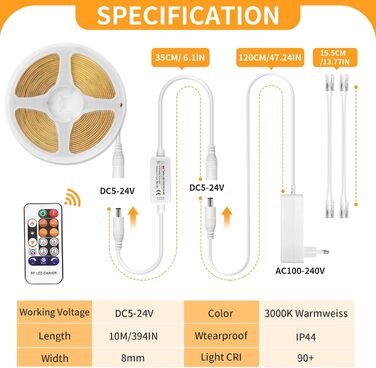 Світлодіодна стрічка COB 5M тепла біла, світлодіодна стрічка 24 В з регулюванням яскравості 3000K, світлодіодна стрічка самоклеюча з пультом дистанційного керування, світлові смуги водонепроникні IP44 з блоком живлення, світлодіодна стрічка 5 м для ванної