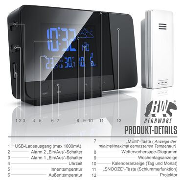 Бездротова метеостанція з проекцією та зовнішнім датчиком - час з точністю до секунди за допомогою сигналу DCF - бездротовий годинник - функція зарядки через USB - 8-кольорове RGB-підсвічування - чорний