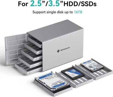 Корпус для жорстких дисків Yottamaster 5 Bay RAID External RAID Type C для 5X3.5/2.5-дюймових жорстких дисків SATA, RAID 0/1/3/5/10/JBOD/CLONE-PS500RC3, 5 відсіків тип-c RAID