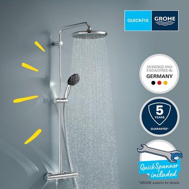 Душова система Grohe Vitalio 250 водозберігаюча 8 л/хв (2 типи розпилення, поворотний кронштейн душової лійки, запобіжник при 38C, система проти накипу), кругла, хром, 26677001, термостат Душовий термостат