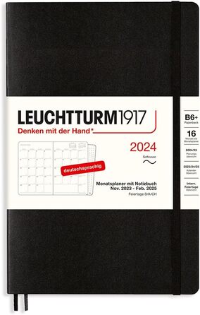 Щомісячний планувальник і блокнот у м'якій обкладинці (B6) 2024, 16 місяців, м'яка обкладинка, чорна, німецька чорна м'яка обкладинка (B6), 1917 367582