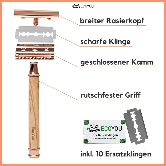 Екологічна бритва з оливкового дерева (Zero Waste) для жінок, в т.ч. 10 змінних лез - Жіноча бритва для вологого гоління інтимних зон & Co.