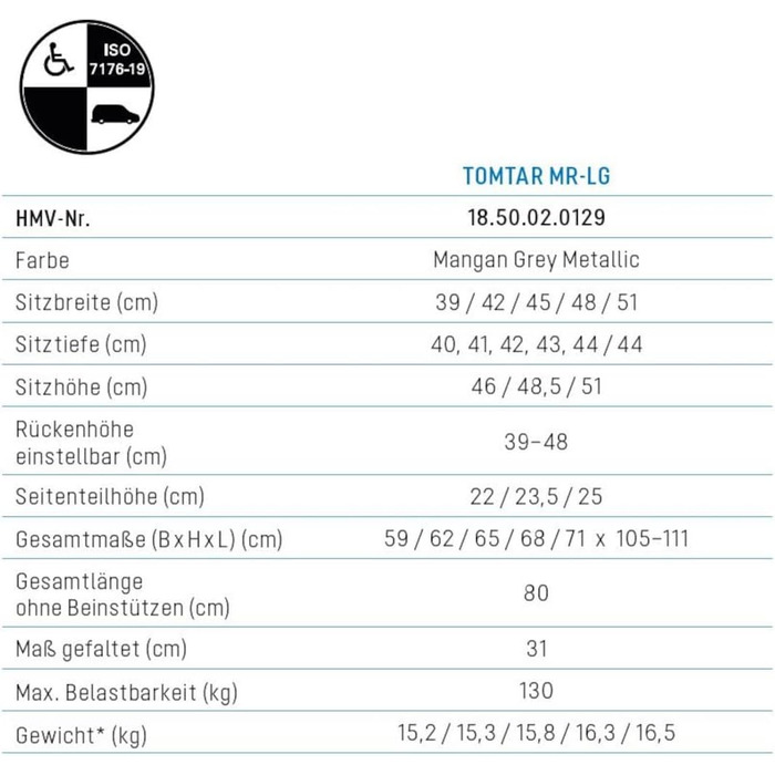 Інвалідне крісло FabaCare TOMTAR MR-LG, легке крісло з алюмінію, транспортне крісло складе, крісло для годування, складне крісло колісне, стандартне крісло колісне, регульоване по висоті, до 130 кг, ширина сидіння 42 см