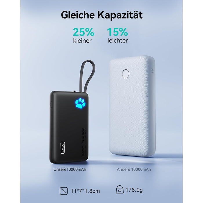 Міні-розмір 20W 10000mAh PowerBank із вбудованим кабелем USB-C, PD3.0 QC4.0 USB C In&Out, невеликі, але міцні зовнішні акумулятори для мобільних телефонів для iPhone 16 15 14 13 12 Pro Max Mini Samsung S23 iPad