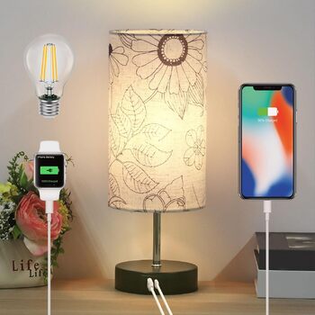 Приліжкові лампи ALANTOP Touch Dimmable, з портами USB AType-C, лляний абажур, включає лампочку, приліжковий світильник з 5-футовим кабелем Вилка для спальні Вітальня Льон-1