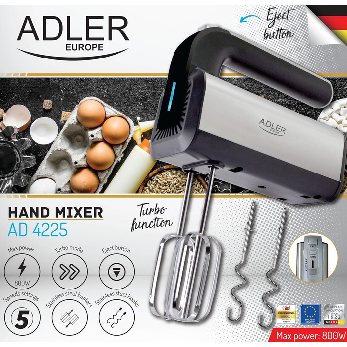 Ручний міксер ADLER AD 4225 INOX, 800 Вт, кухонний комбайн, міксер з 3 функціями, ручний міксер, ручний міксер, чорний/сріблястий, кухонний міксер