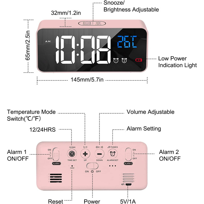Цифровий будильник LATEC з великим світлодіодним дисплеєм температури, настільний годинник з 10 музикою, USB-порт для зарядки, 4 регульовані яскравість і гучність, Snooze, портативний дзеркальний будильник з 2 будильниками, 12/24HR (рожевий)