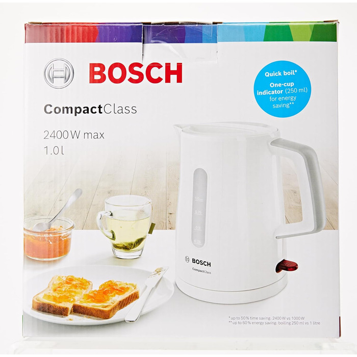 Акумуляторний чайник Bosch CompactClassTWK3A051, швидкий нагрів, індикатор рівня води з обох сторін, захист від перегріву, 1 л, 2400 Вт, білий Single