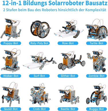 Дитяча іграшка Sillbird Solar Robot, набір для конструювання 12 в 1 STEM, 190 деталей, подарунок для хлопчиків і дівчаток від 8 9 10 років, працює на сонячній енергії, сірий