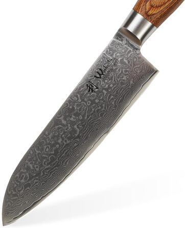 Дамаський ніж Wakoli EDIB Pro Santoku Лезо 16 см I висока продуктивність різання Стійкі та довговічні леза 67 шарів дамаської сталі ергономічна дерев'яна ручка пакка I унікального дизайну