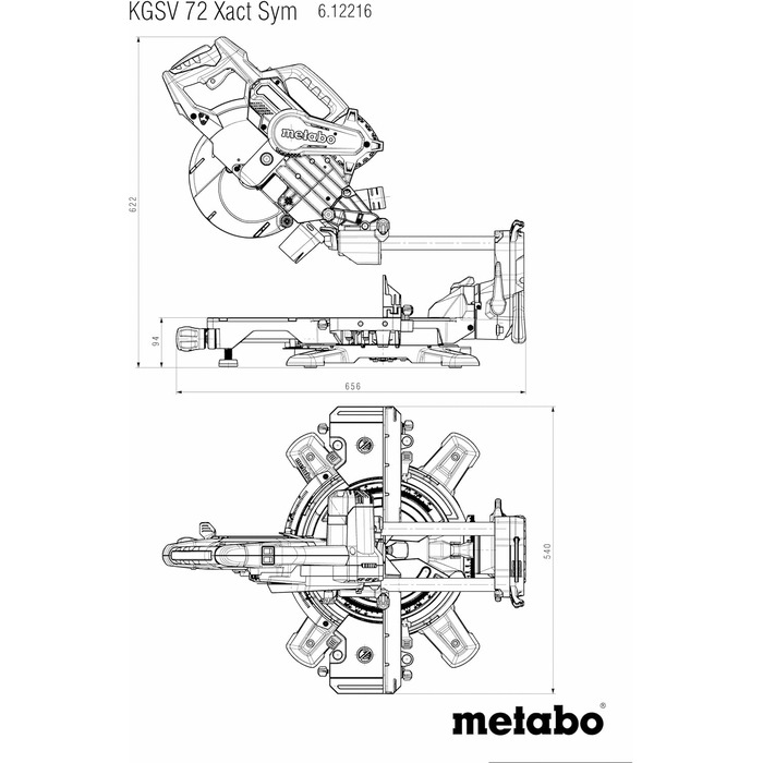 Поперечна пила Metabo KGSV 72 XACT SYM (з функцією протягування симетрично регульована система зупинки, 1500 Вт, вкл. лазер робоче світло, стіл обертається) 612216000