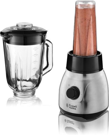 Міксер Russell Hobbs 2-в-1 блендер зі скляним контейнером 1,5 л і міні-смузі-пляшка для пиття 0,6 л з кришкою Можна мити в посудомийній машині, функція імпульсу/подрібнення льоду, чашка без BPA, нержавіюча сталь 23821-56