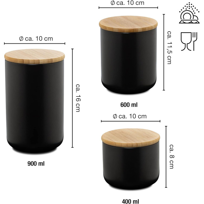 Банки для зберігання, чорні 400-900 мл - Письмова 3 керамічні банки для печива з бамбуковими кришками Керамічна банка для зберігання 3 шт. набір, 3 шт.